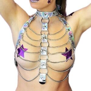 🚨LAST ONE🚨 Silver Holographic Faux Leather Body Chain Harness Rave Accessory